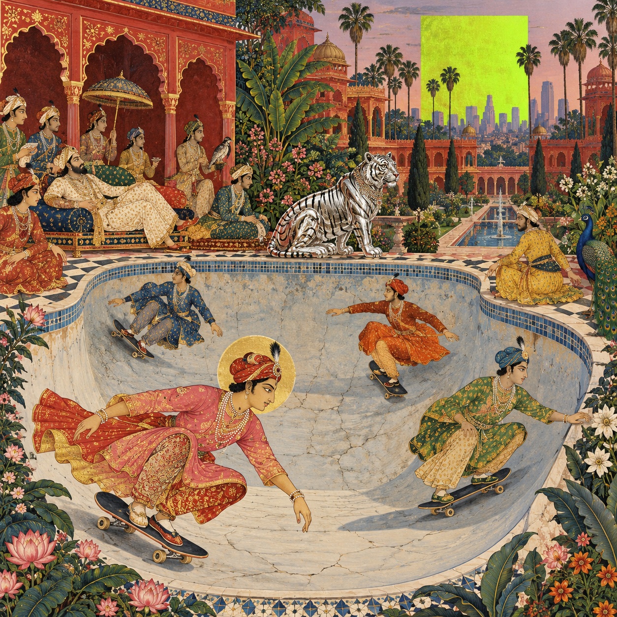 Original miniature-inspired painting of royal courtiers skating in an empty pool, with a chrome tiger and lime interruptions